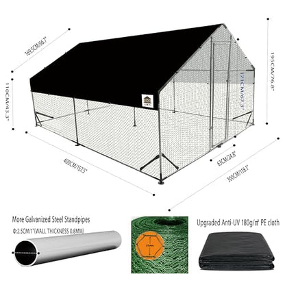 Chicken Runs for Yard with Cover, Metal Chicken Coop, Upgraded Anti-UV 180g/㎡ PE Cloth & 1.1mm Thickened PVC-Coated Hexagonal Chicken Wire Mesh & More Galvanized Steel Standpipes,13.1×9.8×6.4FT - size: 13.1×9.8×6.4FT