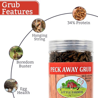 Peck Away Grub Hanging Chicken Treat on String, Black Soldier Fly Larvae for Chickens, High Protein Chicken Snacks and Treats for Laying Hens, 9.87 oz