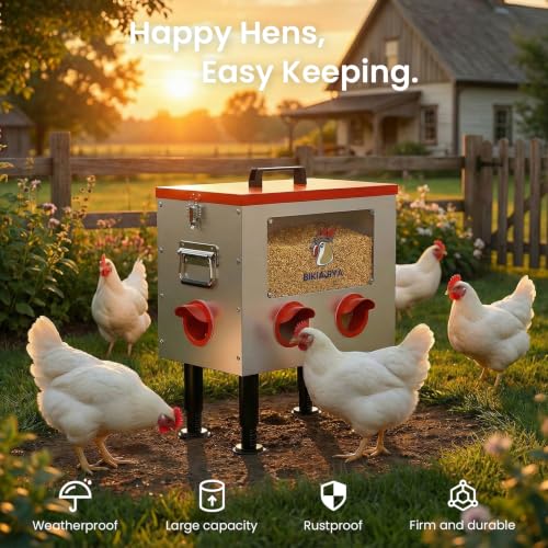 BIKIAJIYA Automatic Chicken Feeder, 55LB Large Capacity, Viewing Window Anti-Waste Rust-Proof Alloy Steel, 6 Feeding Ports, Waterproof & Rodent Proof, Adjustable Legs & Locking Lid for Chickens, Ducks