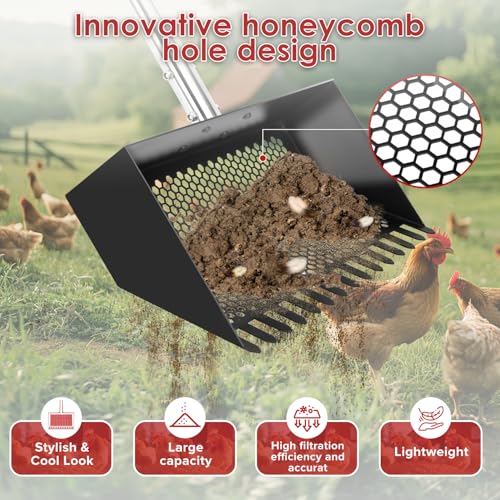 Sand Flea Rake, Heavy Duty Sand Sifter with 23" - 66" Adjustable Stainless Steel Handle, Large Litter Scoop for Beach, Chicken Coop, Farm, Garden & Yard