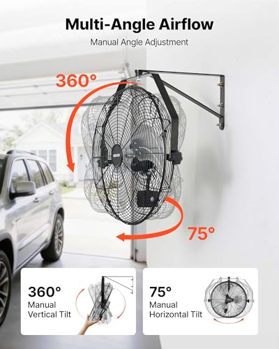 VEVOR Wall Mount Fan, 18 in Wall Mounted Hanging Fan with IP44-rated Protection, 3-Speed, Long Airflow Distance, Adjustable Rotation Angle, Powerful for Industry, Commercial, Garage, Workshop - size: 18In-Waterproof
