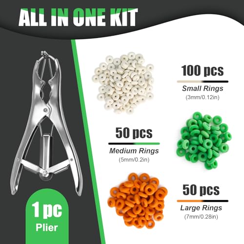 Goat Banding Kit, Stainless Steel Expander Tool with 200pcs 3-Size Rubber Bands & Expander Plier and Bands Kit for Humane Livestock Handling (Goats/Sheep/Calves/hog) - color: silver, size: Small