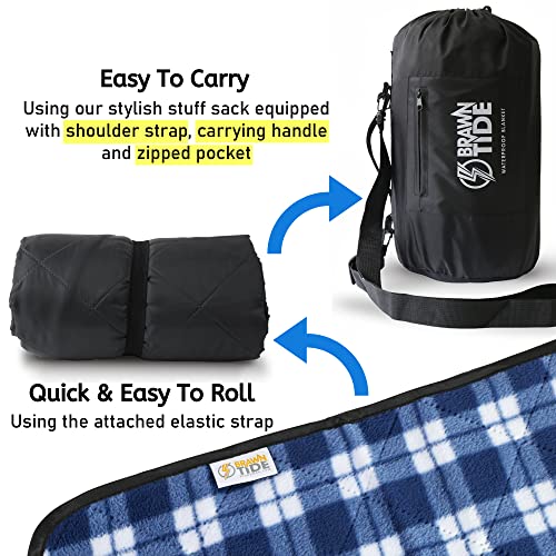 BRAWNTIDE Large Waterproof Outdoor Blanket, Extra Thick Fleece, Warm, Windproof & Sandproof, Quilted Stadium Blanket for Sports Events, Beach, Camping, Picnics, Dogs & Car, 82" x 55 - color: Plaid Blue