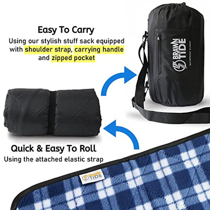 BRAWNTIDE Large Waterproof Outdoor Blanket, Extra Thick Fleece, Warm, Windproof & Sandproof, Quilted Stadium Blanket for Sports Events, Beach, Camping, Picnics, Dogs & Car, 82" x 55 - color: Plaid Blue