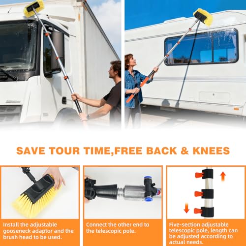 16FT Car Wash Brush with Long Handle Aluminium Telescoping Pole Angle Adapter with 2 Pcs 12" Soft and Hard Bristle Scratch-Free for Cleaning Car Truck RV House Floor Window Roof Solar Panels - size: 16 FT