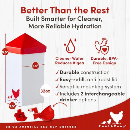 RentACoop 32oz (1 Liter) Automatic Drinker - BPA-Free Chick Waterer with Auto-Fill Cup and Horizonal Nipple - Suitable for Chicks, Quail, Pigeons, Doves, and Other Smaller Birds