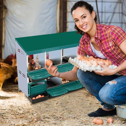 Chicken Nesting Box, 8 Compartment Roll Away Egg Laying Box for Hens, Wall Mounted & Freestanding (2 Modes of Use), Easy Egg Collection, Cleanable Pull Out Nesting Box, Grn, NL - color: Green, size: 8 - Slot