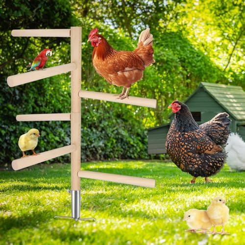 Kalekey Extra Large Chicken Perch Toy for Coop, 39.4" Roosting Bar for Chicken Coop Toys, Chicken 6 Branches Perch Stand Wooden with Metal Tripod Ground Plug for Poultry Rooste