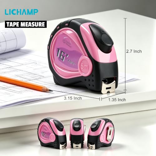Lichamp Small Tape Measure 16 Feet, Pink Tape Measure Mini 3 Pack 16ft x 3/4in with 1/8 Fractions, 0316PK