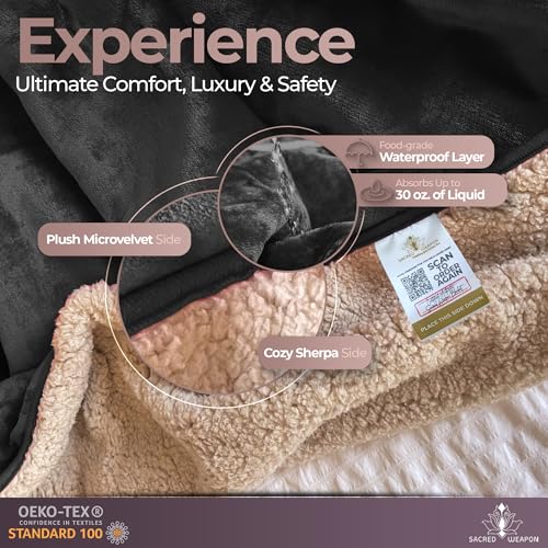 Sacred Weapon Waterproof Blanket for Bed, Sofa & Couch — Sherpa Fleece Splash & Stain Proof Blanket — Soft, Leakproof & Hypoallergenic — Period & Postpartum — Large Black 80x80 - color: Black, size: Large (80"x 80")