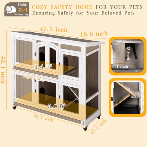 Gowoodhut 47" L Large Guinea Pig Cage Indoor with Wheels, 2-Story Wooden Hutch with 2 Deep Pull-Out Trays, Anti-Chew Ramps & Hideout for Hamsters, Ferrets & Rabbits, Grey, Easy-Clean Small Pet Home
