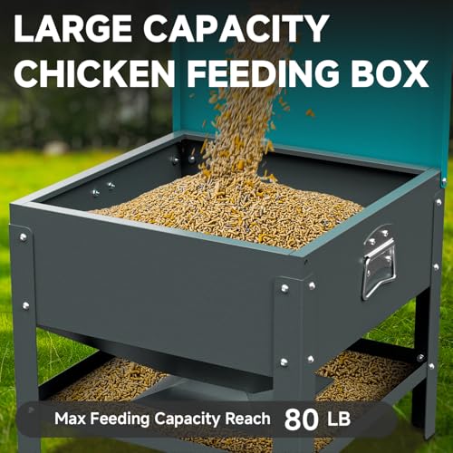 Heavy-Duty Automatic Chicken Feeder 60 lbs Capacity, No-Waste Gravity Poultry Feeder with Lid, Waterproof Galvanized Steel Feeding Box for Hens, Up to 16 Chickens for Coop & Run Use(Green) - color: Green