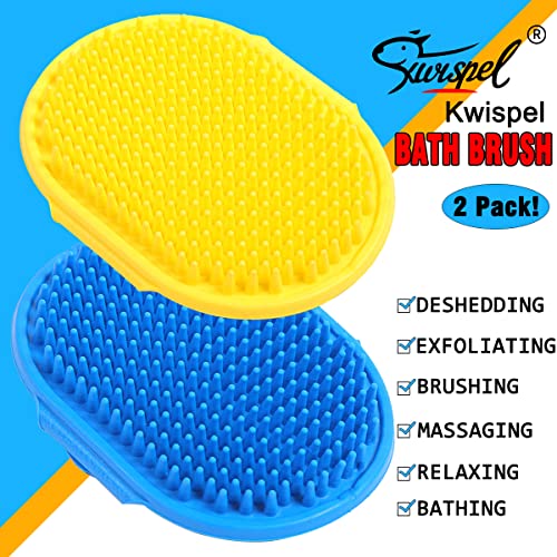 Dog Grooming Brush, Pet Shampoo Bath Brush Shedding Soothing Massage Rubber Comb with Adjustable Ring Handle for Long Short Haired Dogs and Cats 2pcs - color: Blue & Yellow