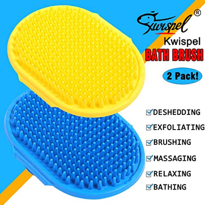 Dog Grooming Brush, Pet Shampoo Bath Brush Shedding Soothing Massage Rubber Comb with Adjustable Ring Handle for Long Short Haired Dogs and Cats 2pcs - color: Blue & Yellow