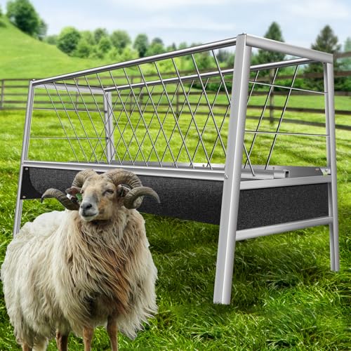 84 Gallons Large Capacity Stainless Steel Goat Feeder with Rubber Tray, Hay Feeder for Lamb, Goats, Sheep, Horse, Easy to Use and Install (Stainless & Rubber Tray) - style: Stainless & Rubber Tray