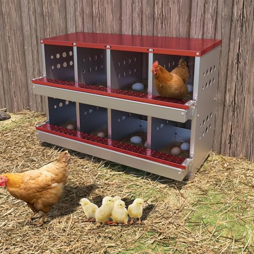 Chicken Nesting Box, 8 Compartment Roll Away Laying Box for Hens, Heavy-Duty Galvanized Steel, Front Egg Collection Tray, 8 Training Eggs Included - color: Red, size: 8 Compartments & 8 Eggs