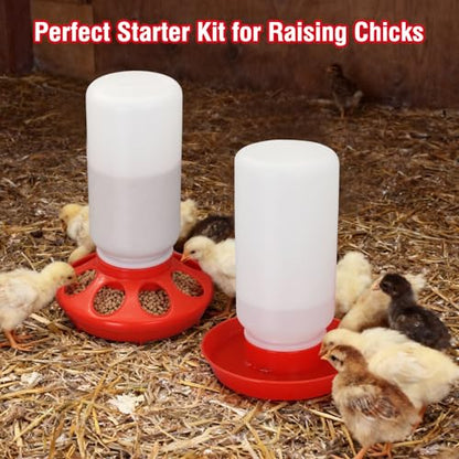 Chick Feeder and Waterer Set No Waste Automatic 1L Chicken Feeder and Waterer for Baby Chicks, Ducks, and Quail – Brooder Starter Kit (Red) - color: Red and White
