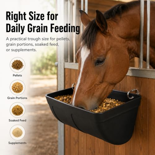 Hanging Horse Feed Trough, Fence Mount Horse Feeder with Heavy-Duty Metal Clips & Screw Hardware, Black Plastic Feed and Water Bucket for Horse Stall, Barn Wall, Pellets & Supplements (2 Pcs)
