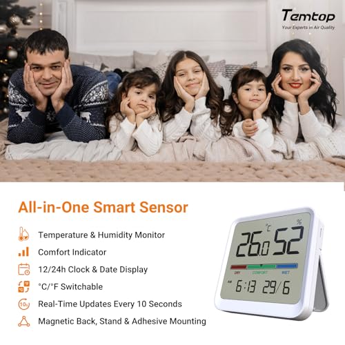 Temtop Indoor Thermometer Hygrometer, Precision Digital Temp/Humidity Monitor with Magnet & 3M Sticker, Date & Time, Wall/Magnet/Stand Mount, for Home, Office, Nursery, T1-SE - size: T1-SE