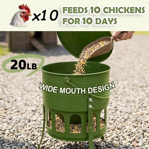 Metal Chicken Feeder No Waste - 20LB Large Chicken Feeder with 12 Ports & 4 Adjustable Heights Tripod Stand, Automatic Hanging Poultry Feeder, Rainproof for Backyard Chickens & Small Flocks - color: green