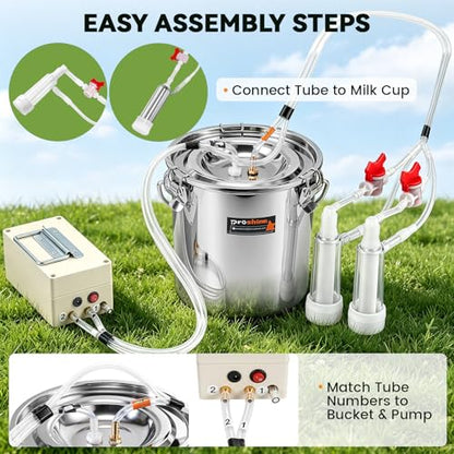 2 in 1 7L Goat Milking Machine, Electric Vacuum Pulsation Milker, Handheld Portable Milking Machine for Cows with 4 Teat Cups (for Goat Cow Battery)