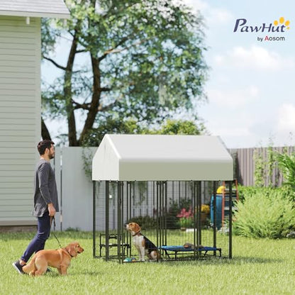 PawHut Outdoor Dog Kennel with Roof, 6' x 4' x 6' Heavy Duty Welded Wire Dog Playpen Enclosure with Escape-Proof Lock, UV-Resistant & Waterproof Cover, for Large Dogs, Chickens, Ducks, Silver - size: 48.0"L x 72.0"W x 72.0"H, style: Single Room