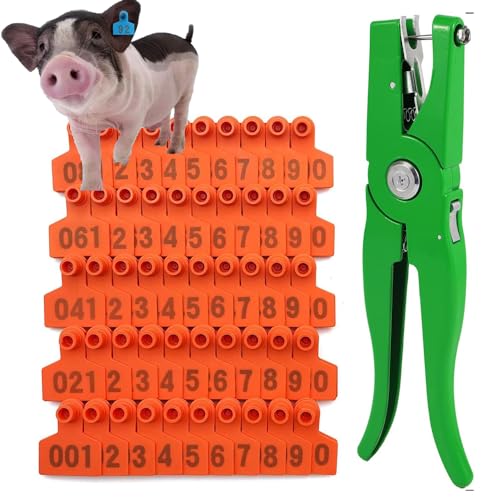 100 Sets Numbered Plastic Livestock Ear Tags Pig Calf Animal Identification TPU Earring Tagger with 1 Pliers Applicator 401-500 Orange (Orange 201) - color: オレンジ, size: 201