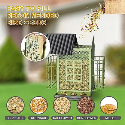 FlowaFoli Bird Feeders for Outdoors Hanging, Metal Bird Feeder with Double Suet Cage Cake, Large Capacity, Birdfeeders Sturdy & Weatherproof, Easy to Clean & Refill, Great for Attracting Wild Birds - color: Green