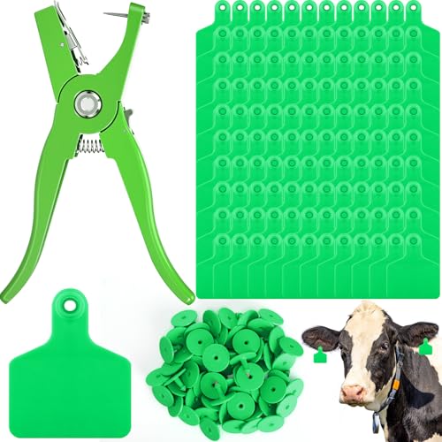 Lothee 200 Pcs Blank Cattle Ear Tags with Pliers Large Green Plastic Precision Animal Identification Blank Livestock Ear Tags for Cattle Cow Horse Dog Pig Goat Sheep Farm Management - color: Green