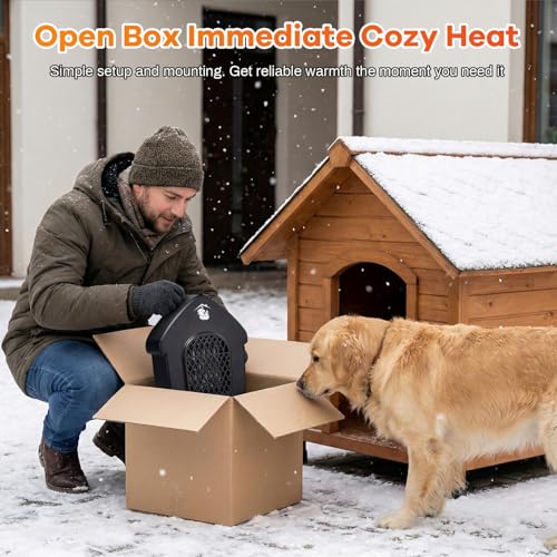 600W Dog House Heater with Shermostat, Wall Mount, 10ft Anti Bite Cord, Overheat Protection, Electric Warmer for Hound Kennel, Cat Cage, Chicken Coop, UL Test Passed, Black