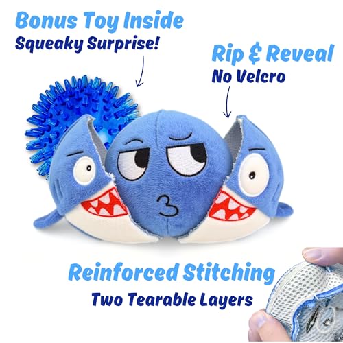 Sharky 3 in 1 Plush Shark Dog Chew Toy with Squeaky Ball Inside for Aggressive Chewers, Super Interactive No Stuffing, Strong Tough Heavy Durable, Birthday Gift Box for Small & Large Breed - color: Blue