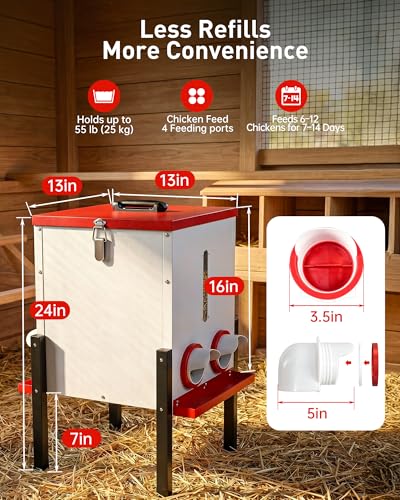 55 LBS Large Metal Chicken Feeder, 40L Automatic Poultry Feeder with 4 Feeding Ports, No Waste Catch Tray, Height Adjustable, Weatherproof for Chicken Coop Outdoor Backyard | 55 LBS Large Metal Chicken Feeder
