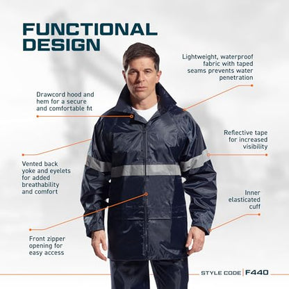 Portwest F440 Men's Hi Vis Waterproof Hooded Rain Jacket - Classic Iona Reflective Rain Coat Black, XX-Large - color: Black, size: XX-Large