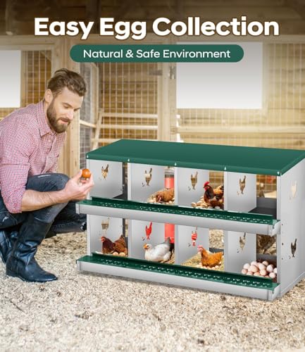 8 Compartment Chicken Nesting Boxes, Metal Roll Away Egg Laying Boxes with Removable Tray & Lid Cover, Chicken Coop Nest Box for Hens, Egg Protection Design (Without Legs) Green - color: Green, size: 8 hole - without leg