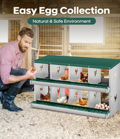 8 Compartment Chicken Nesting Boxes, Metal Roll Away Egg Laying Boxes with Removable Tray & Lid Cover, Chicken Coop Nest Box for Hens, Egg Protection Design (Without Legs) Green - color: Green, size: 8 hole - without leg