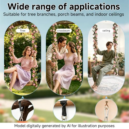 Swing Seat with Floral Garland, for Adults, Indoor and Outdoor | 24"x 8" Large Seat, 500lbs Capacity, Adjustable Rope And Tree Straps Included, Wooden Swing For Patio Garden Balcony