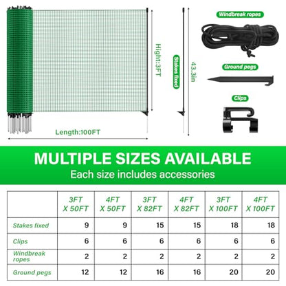 Temporary Fence with Posts, 3‘x100‘ Animal Barrier Dog Portable Fencing with Fiberglass Stake Windbreak Rope, Safety Snow Plastic Netting Roll for Garden Backyard Outdoor for Chickens or Other Animals - size: 3x100FT
