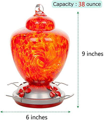 REZIPO Hummingbird Feeder with Perch - Hand Blown Glass - Red - 38 Fluid Ounces Hummingbird Nectar Capacity Include Hanging Wires and Moat Hook - color: Red