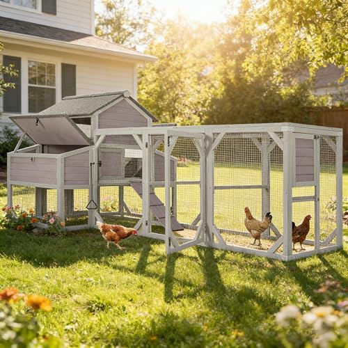 Aivituvin Chicken Coop Extra Large Chicken House with Run for 4-6 Chickens Outdoor Wooden Hen House Poultry Cage with 6 Nesting Boxes, 6 Perches, 118" L (Grey, AIR46M) - color: Grey, size: 118.1"L x 53.5"W x 49.5"H