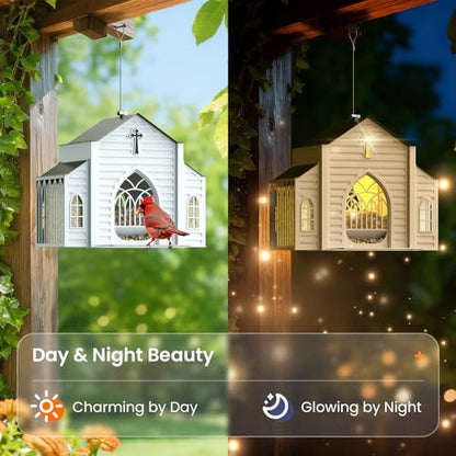 Church-Shaped Metal Bird Feeder with Solar Light - Hanging Outdoor Feeder, 5 LB Large Capacity & Bird Suet Design, Weatherproof, Garden/Yard/Deck Decor & Unique Gift for Christmas & Mother's Day