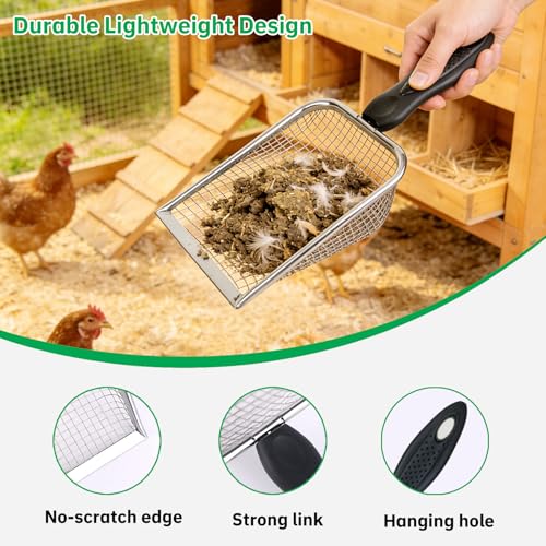 2 Pack Chicken Poop Scooper for Coop, Mesh Sifting Shovel with 3.8mm & 5mm Holes, 4" Metal Chicken Coop Rake and Scoop Cleaning Tool, Scooper Shovel for Sifting Sand, Litter, Chicken Supplies (4") - size: 4" 2 Set