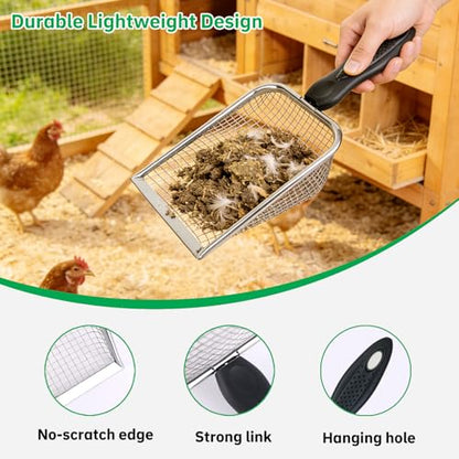 2 Pack Chicken Poop Scooper for Coop, Mesh Sifting Shovel with 3.8mm & 5mm Holes, 4" Metal Chicken Coop Rake and Scoop Cleaning Tool, Scooper Shovel for Sifting Sand, Litter, Chicken Supplies (4") - size: 4" 2 Set