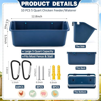 Wenqik 10 Pack Chicken Feeder Waterer Hanging Goat Feeders, 5 Quart Fence Mount Poultry Feed Troughs with Metal Clips and Screws, Livestock Feed Buckets for Sheep Duck Coop, Farm, Geese (Dark Blue) - color: Dark Blue