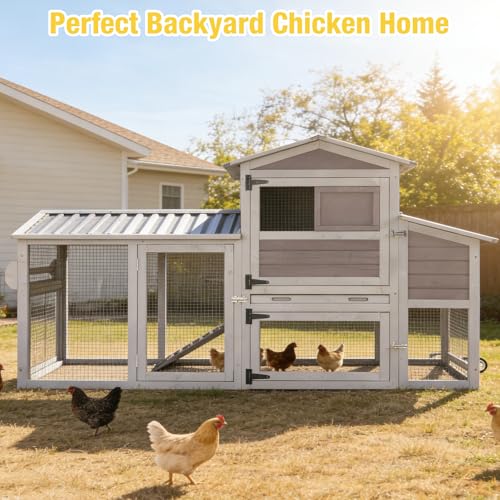 Aivituvin Large Chicken Coop Wooden with Wheels, Mobile Chicken Coop with Nesting Box & Waterproof Asphalt Roof, Expandable Chicken Cage with Run for 2–3 Chickens, Duck House - color: Grey, size: 80.6"L x 26.6"W x 42.4"H