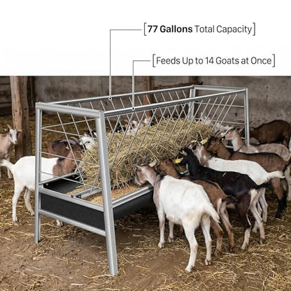 77 Gallon Hay Feeder, 2-in-1 Livestock Feeder for Goats Sheep Calves Horses, Stainless Steel Goat Feeder with Rubber Trough