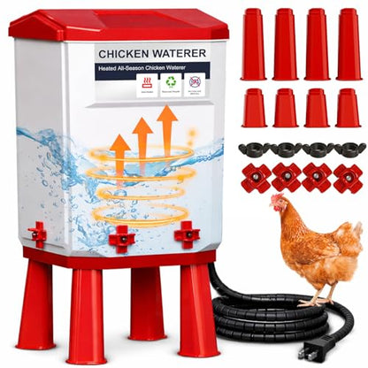 Heated Chicken Waterer, 7L Chicken Water Heater Bucket for Winter with 4 Nipple Drinkers, Anti-Freezing, Winter and Summer Dual-use, Automatic Heated Poultry Drinker for Coop (Red) - size: 1.9 Gallon