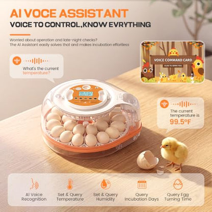 26 Egg Incubators for Hatching Eggs with Smart Voice Control & Two Interchangeable Egg Trays for Needs- Auto Turner, Temp/Humidity Control, Egg Candler for Chicken Duck Quail