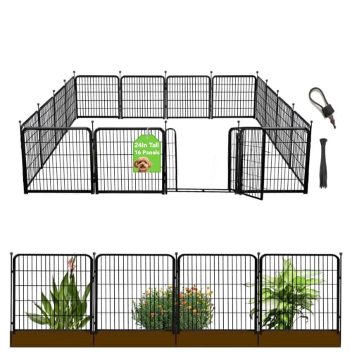 Getlay 24 in(H) Decorative Garden Fence with Gate,16 Panels Total 31.4 Ft(L) Heavy Duty Iron Animal Barrier Fence for Yard,Suitable for Indoor Pet Or Outdoor Dog Fencing, Garden Border Fence - size: 24''(H)-16panels-31.4ft(L)
