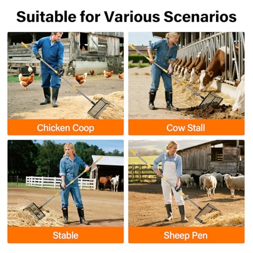 AsFrost 2-in-1 Chicken Poop Scooper & Rake,12" Heavy Duty Litter Scooper Sand Sifting Shovel for Chicken Coop & Pet Waste Cleaning, Adjustable 26" to 76" Stainless Steel Handle for Small Farm & Sand
