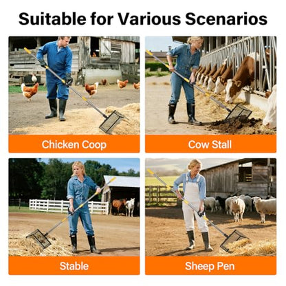 AsFrost 2-in-1 Chicken Poop Scooper & Rake,12" Heavy Duty Litter Scooper Sand Sifting Shovel for Chicken Coop & Pet Waste Cleaning, Adjustable 26" to 76" Stainless Steel Handle for Small Farm & Sand